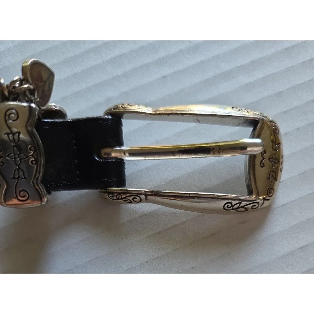Vtg Brighton Skinny Belt B30283 Black Silver Buckle 3 Small Heart Charms Lg 34